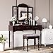 HOMECHO Vanity Table Set Makeup Dressing Desk with Tri-Folding Mirror Cushioned Stool Drawers Storage Organizer Dark Brown, HMC-MD-010