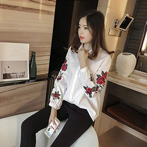 Banbie8409-Women Long Sleeves Shirts Summer Korean Style Shirts Stripe Embroidered Blouse