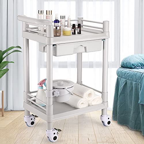 Noverlife 2 Tier Beauty SPA Salon Trolley Cart, ABS Plastic Esthetician Rolling Cart w/Drawer & Bucket for Body Facial Skincare Treatment, Load 132LBS, 360° Rotate Mobile Medical Cart Utility Cart