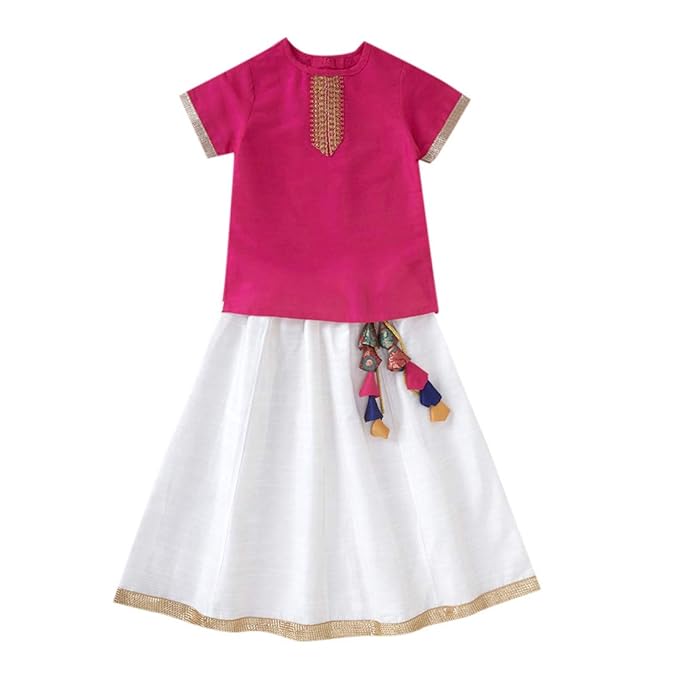 The Magic Wand By Hopscotch Girls Polycotton Taffeta Cap Sleeve Pattu Pavadai, Lace Embellished Choli With Blouse in Fuchsia Color