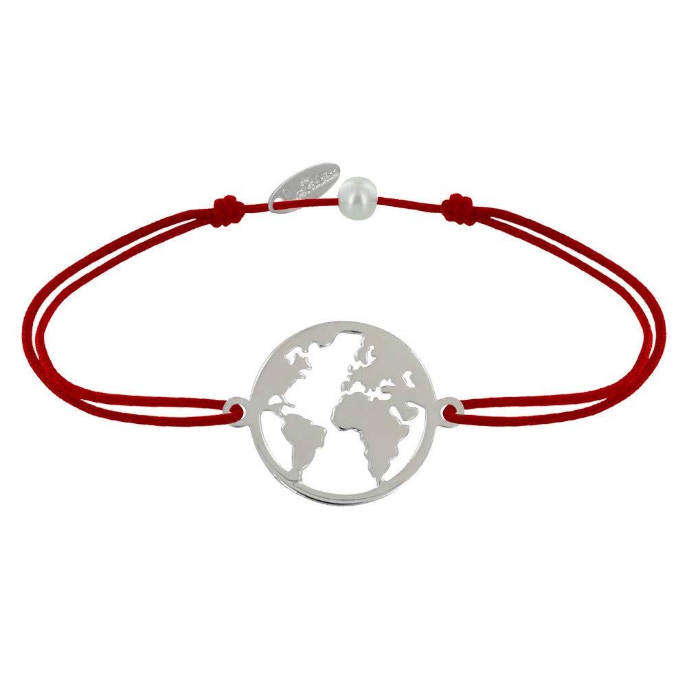 LES POULETTES BIJOUX - Bracelet Link 925 Silver Round Medal World Map - Red