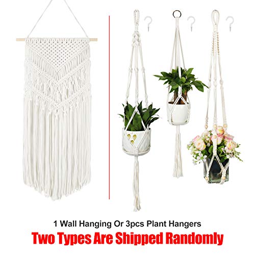 Purnap 3 Pack Macrame Plant Hangers with 3 Hooks & Macrame Wall Hanging Cream-White（Two Styles Shipped Randomly）