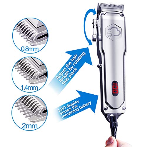 GERFENNY Cordless Hair Clippers for Men Professional, Cordless Hair Trimmers Rechargeable for Hair Cutting with LED Display, USB Qucik Charge Waterproof Mens Hair Clippers Silver