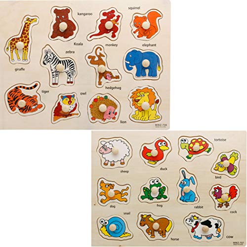 SIPLIV Wooden Pegged Puzzles Set Learning Puzzles Board for 2-5 Years Old Kids Preschool Early Education Toys and Games, 3 Pcs - Fruits and Animals