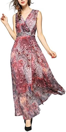 EvelynNY Womens Floral Peacock Evening Casual Split Loose Prom Party Maxi Dress, Red, S