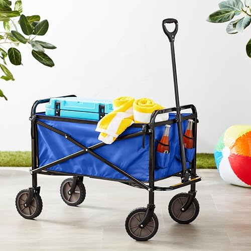 AMAZON BASICS COLLAPSIBLE HEAVY DUTY UTILITY WAGON FOR OUTDOOR SPORTS, CAMPING, GARDEN, AND SHOPPING, VERSATILE, EASY TO STORE, 265 POUNDS CAPACITY, 27.6 X 40.9 X 20 INCHES, BLUE