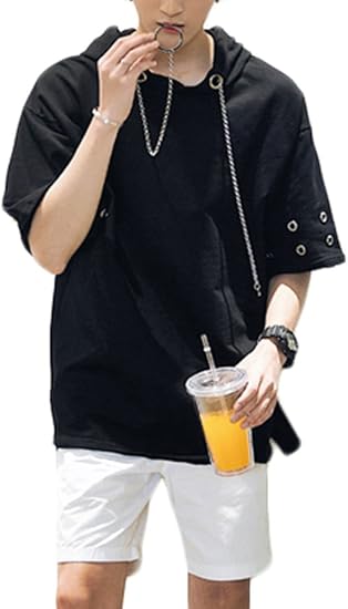 Amazon メンズ 半袖 パーカー 金具製ロープ フード 付き 薄手 ゆったり ファッション カジュアル トレーナー パーカー 通販