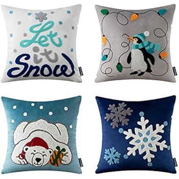 Phantoscope Christmas Pillow Covers Soft Velvet Xmas Decorative Cushion Cover with Embroidery Lantern, Penguin, Bear, Snowflake for Home Decor Couch Sofa Bed Blue and Grey Pack of 4, 18 x 18 inch