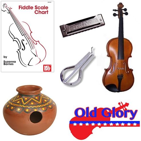 Old Glory Fiddle Deluxe Pack - 1/4 Fiddle, Fiddle Scale Chart, Harmonica, Jaw Harp &amp; Jug Drum