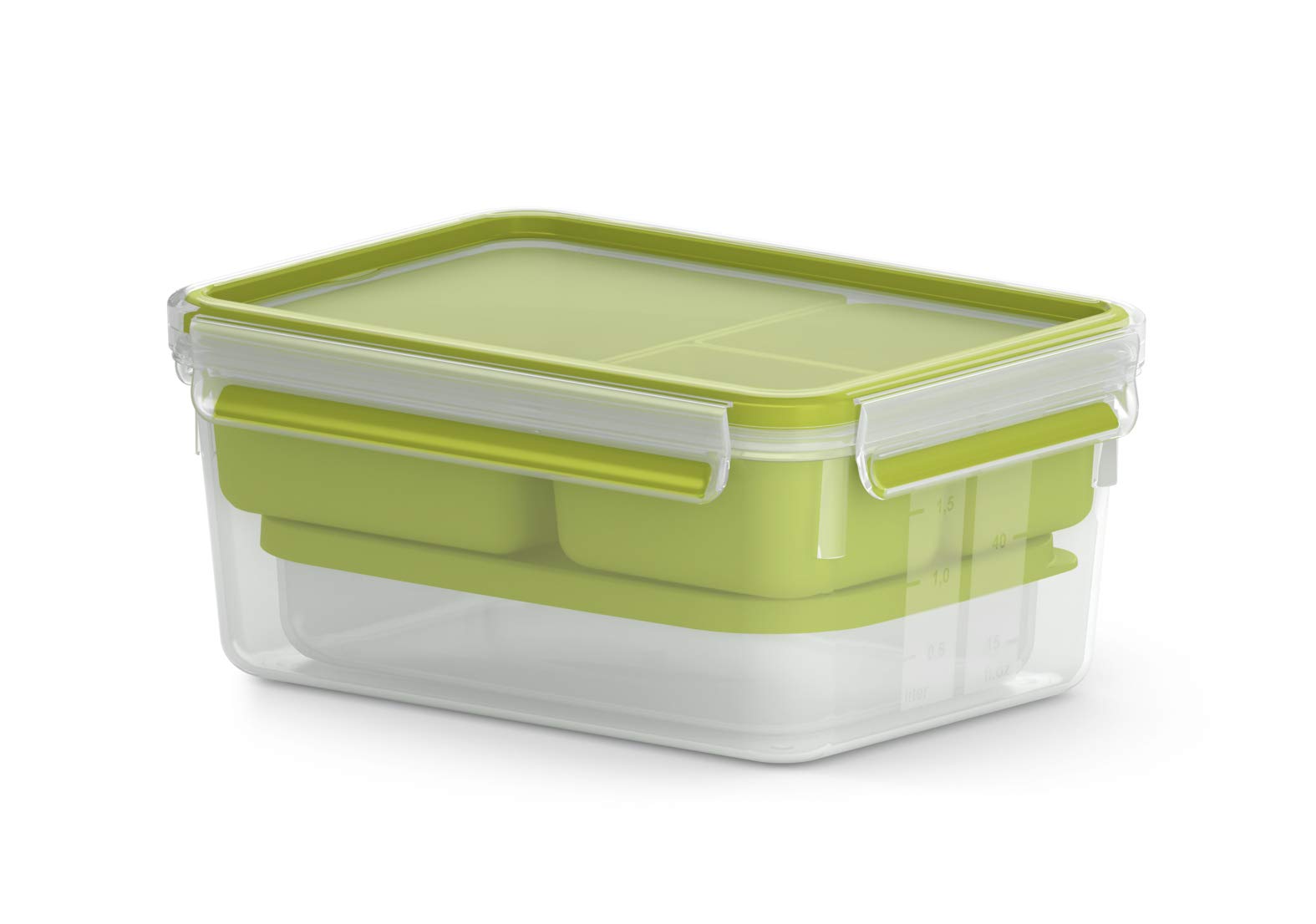 Emsa N10716 Clip & Go Lunch Box, 2.2 L, with 3 Inserts, One Tin and Plate, to Go, 100% Leak-Proof, Transparent/Green