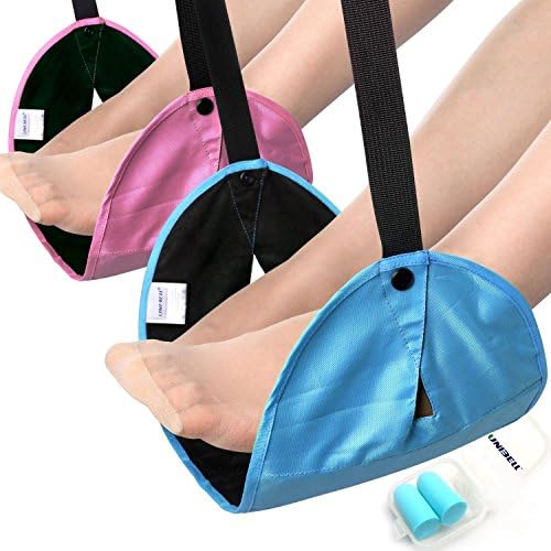 Keasy New Combination - Hammock-style Portable Travel Footrest + Prevent Noise Earplugs/Ultralight &amp; Easy Setup,For Airplane&amp;Train&amp;Buses&amp;Office&amp;Home!! (Blue+Pink)