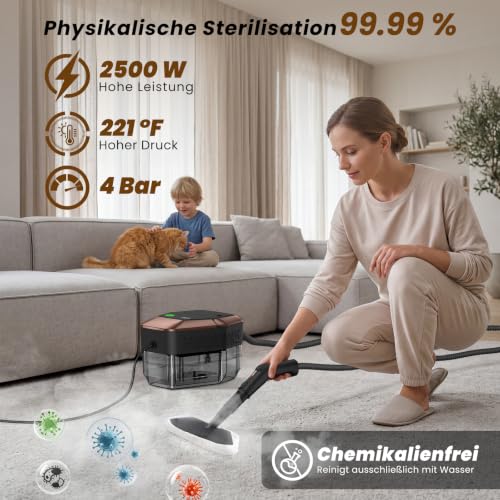 GalhanEhe 14 in 1 Steam Cleaner, 3 Levels Adjustable Handle, Temperature Display, 15s in Heating, 1.8L Tank, for Kitchen, Bathroom, Car and Furniture (Black and Gold)