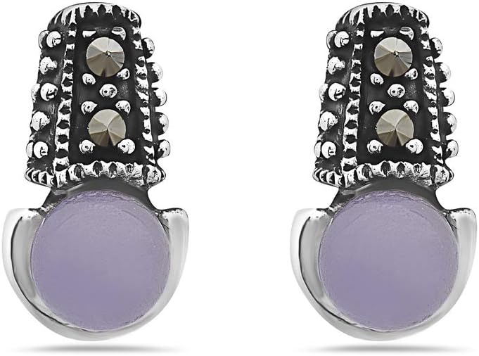Sterling Silver Marcasite Genuine Purple Jade Ball (5 mm) Earrings