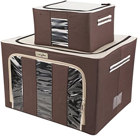 LivingBox Extra-large Foldable Storage Containers Fabric with See-Through Window, Oxford Fabric Storage Bins, 2 Pack ( 66 Liter &amp; 11 Liter ), Chocolate
