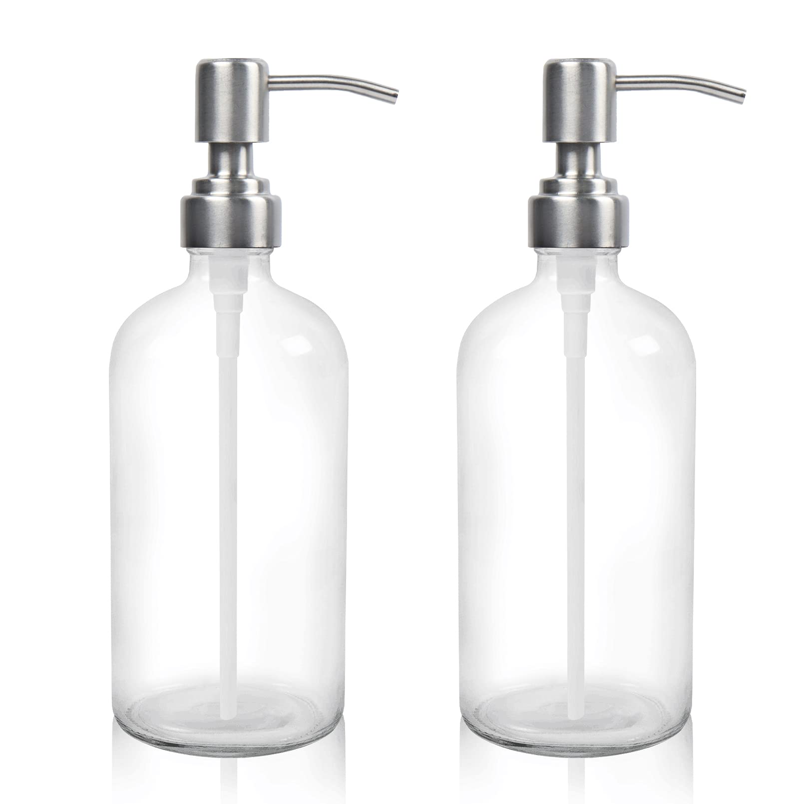 2 Pack Clear Glass Soap Dispenser Refillable Washing Up Liquid Soap Dispenser with Stainless Steel Pump for Bathroom Kitchen 17.5oz. Transparent