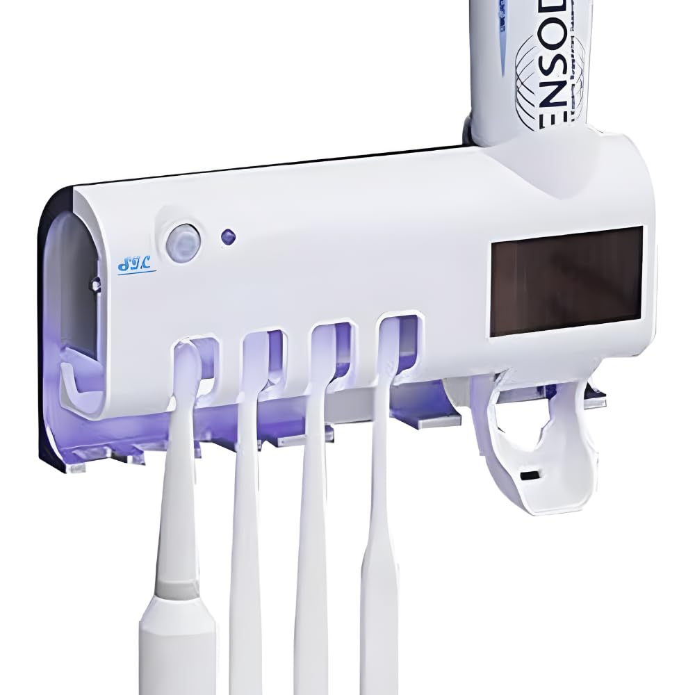 LED Light Ultraviolet Sterilizer Function Toothbrush Holder, Main Slot for 4 Toothbrushes + Toothpaste Dispenser
