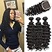 Brazilian Deep Wave 3 Bundles Human Hair with 4X4 Free Part Lace Closure Unprocessed Virgin Deep Wave Bundles Hair Natural Black (14 16 18+12 Closure)