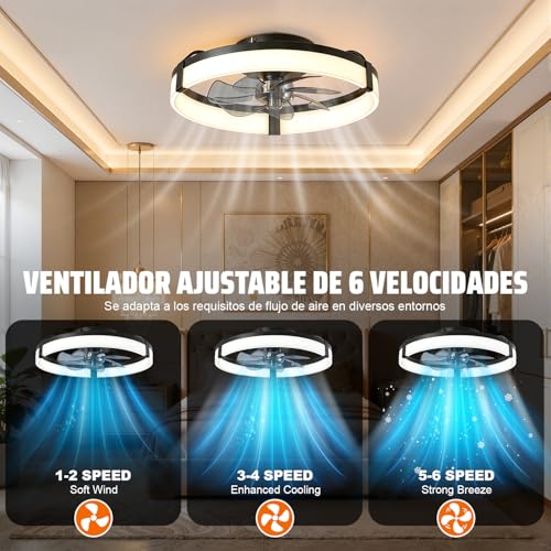 Ventilador de Techo con Luz 50cm/20in, Lámpara con Remoto y APP, Luz 3 Colores, 6 Velocidades, Función Temporizador, Motor de CC Silencioso y Reversible