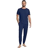 WiWi Men's Pajama Sets Viscose from Bamboo Sleepwear Short Sleeve Top and Pants Pjs Sets with Pockets Drawstring S-XXL