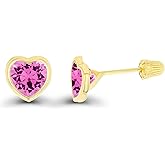 Solid 14K Gold Hypoallergenic 6mm Heart Shaped Birthstone Polished Bezel Screw Back Stud Earrings
