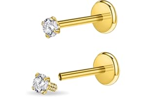 PunkTracker 16g/18g Surgical Steel Internal Thread CZ Stud Piercing Jewelry for Tragus/Nose/Helix/Conch/Medusa/Lip/Labret - Helix Tragus Cartilage Earring for Women Men 2PCS