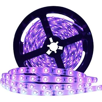 YGS-Tech 24 Watts UV Black Light LED Strip, 16.4FT/5M 3528 300LEDs 395nm-405nm Non-Waterproof Blacklight Night Fishing Sterilization implicitly Party with 12V 2A Power Supply