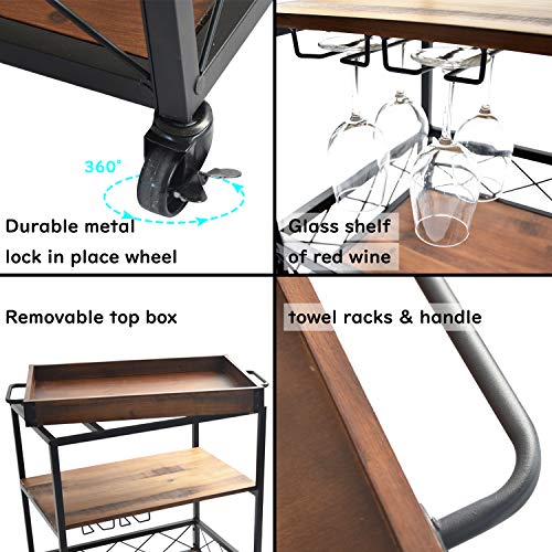 charaHOME Solid Wood Kitchen Serving Carts Rolling Bar Cart with 3 Tier Storage Shelves Kitchen Island Cart with Wine Glass Holder,Handle Racks,Lockable Caster Liquor Cart Removable Top Box Container