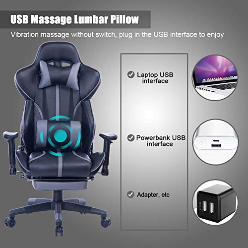 Blue Whale Gaming Chair with Adjustable Massage Lumbar Pillow,Retractable Footrest and Headrest -Racing Ergonomic High-Back PU Leather Office Computer Executive Desk Chair 8239Grey
