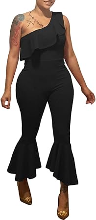 one shoulder flared jumpsuit