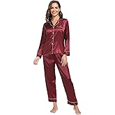 Super Shopping-zone Women's Satin Pajama Set Long Sleeve Pajamas Button Down Pjs Set Silky Sleep Set Sleepwear Loungewear