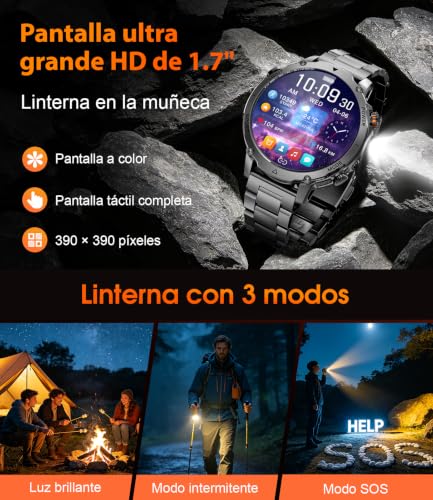 LIGE Military Men's Smartwatch, 1400 mAh Battery, 1.7 Inch HD Screen, Bluetooth Calls, 110+ Sports Modes, LED Flashlight, IP68 Waterproof, Men's Smart Watch Android iOS, 2 Strap