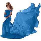 Women Maternity Dress for Photography Mermaid Off Shoulder Slim Fitted Chiffon Gown Flowy Baby Shower Maxi Photo Props Dress
