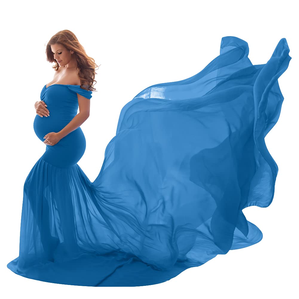 Photo 1 of Women Maternity Dress for Photography Mermaid Off Shoulder Elegant Fitted Chiffon Gown Baby Shower Pregnancy Maxi Dresses for Photoshoot Cross Front V Neck Slim Fit Flowy Photo Props Dress Sky Blue