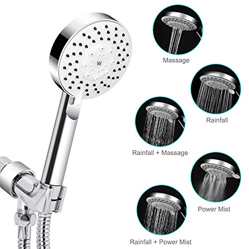 Handheld Shower Head, Wodgreat High Pressure 5 Settings Powerful Spray Head with Flexible 60 Inch Stainless Steel Hose, Adjustable Swivel Ball Bracket Mount, No Leaking, Easy to Install, Chrome