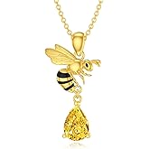 Reaii Bee Necklace for Women 925 Sterling Silver 18K Gold Plated Natural Citrine Bee Pendant Bumblebee Animal Jewelry Gifts for Her