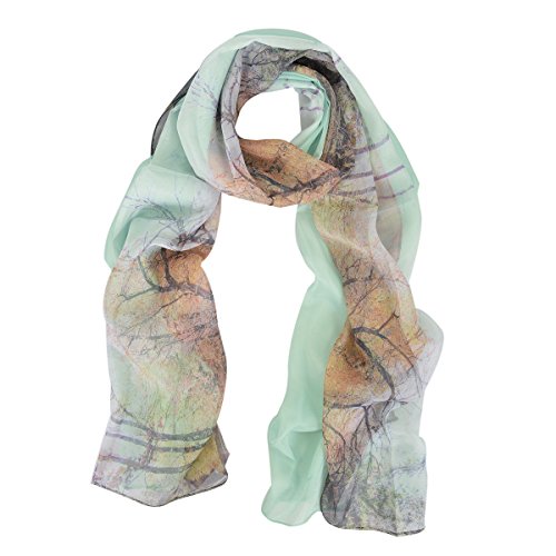 Elegant Chiffon Sheer Autumn Trees Print Fashion Scarf, Light Green