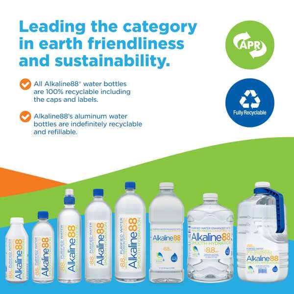 ALKALINE88 PURIFIED IONIZED WATER WITH HIMALAYAN MINERALS & ELECTROLYTES FOR SMOOTH TASTE. PERFECTLY BALANCED FOR YOUR BODY WITH 8.8PH. 1 GALLON. 100% RECYCLABLE.