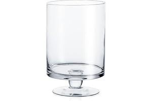 WGVI Clear Glass Pedestal Hurricane Candle Holder, 5.9" W, 9.9" H, Decorative Vase for Pillar Candles, Short Stemmed Candleholder Cylinder, Tabletop Centerpieces, Home Décor, Elegant Design, 1 Piece