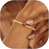 QILMILY Gold Bracelets for Women - 14K Gold Plated Dainty Elastic Birthstone Bracelets for Women Gold Jewelry Bead Bracelet Gifts Christmas Stuff for Teen Women Friendship Bracelet
