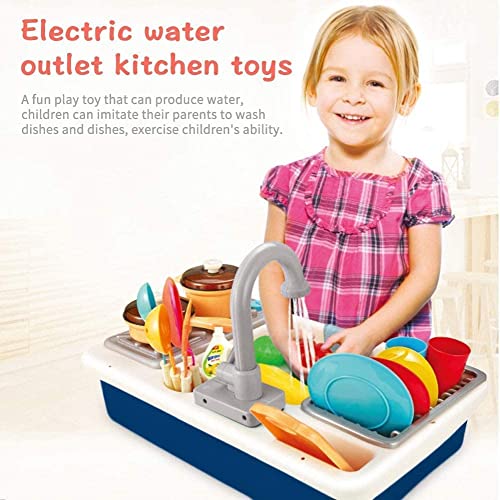 Beauenty Kitchen Sink Toys Water Playset Cooking Stove Play with Running Water House Wash Up Kitchen Sets with Realistic Light Play Dishes Accessories for Girls Boys Kids 3-7 Years Old (Blue)