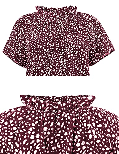 AMORETU WOMEN LEOPARD PRINT SHIRTS MOCK NECK SHORT SLEEVE BLOUSE WORK TOPS