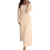 Womens Ribbed Knit Bell Long Sleeve Maxi Sweater Dress Casual Round Neck High Waist Plain Bodycon Pleated Long Dress