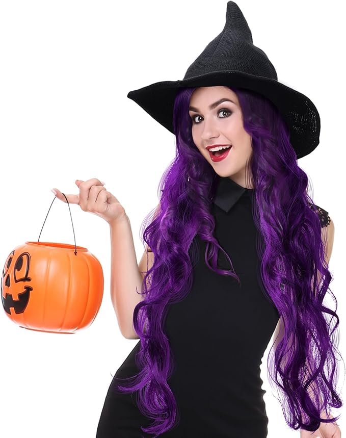 PORSMEER Halloween Witch Costume Set Long Purple Wavy Wig for Women Include Deluxe Pointed Black Witch Hat,Halloween Cosplay Party Costume Accessories — image 1