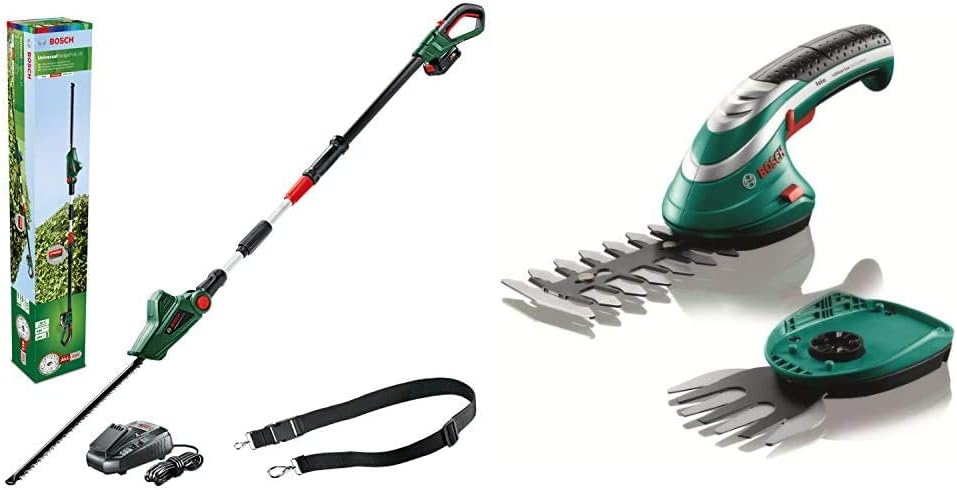 Bosch 06008B3070 Cordless Telescopic Hedge Trimmer UniversalHedgePole 18 & 600833172 Cordless Edging Shear Set Isio (3.6 V, Blade Length 12 cm, Tooth Spacing 8 mm, in Cardboard Box)