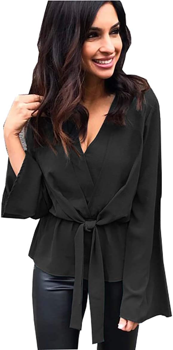Forlisea Womens V Neck Tie Front Long Sleeve Shirt Blouse Tops