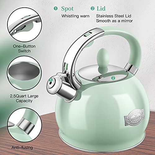 RETTBERG Tea Kettle for Stovetop Whistling Tea Kettles Modern Green