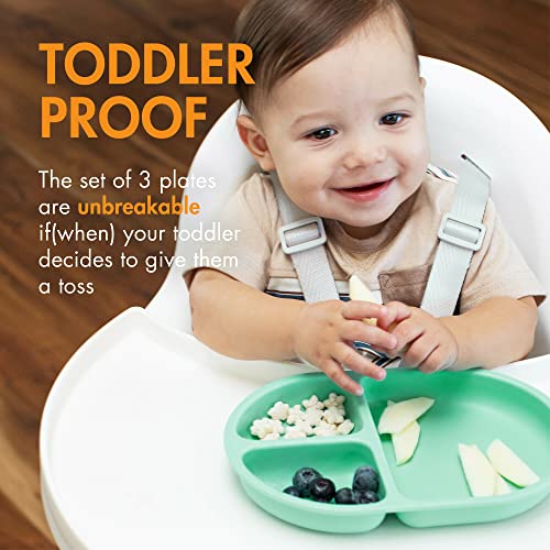 Boon Chow Silicone Plate Set 3 Unbreakable Divided Toddler Plates Baby Plates for 6 Months