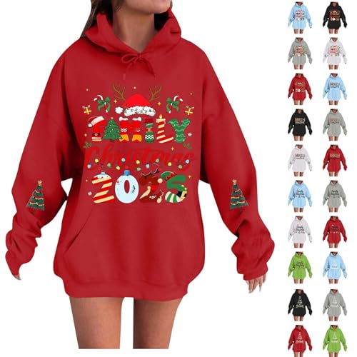 womens christmas hoodies Christmas Hoodies For Women Ugly Xmas Sweatshirt with Xmas Tree Santa Hat Reindeer Festive Patterns Oversized Hooded Pullover Holiday Party Outfit red hoodie