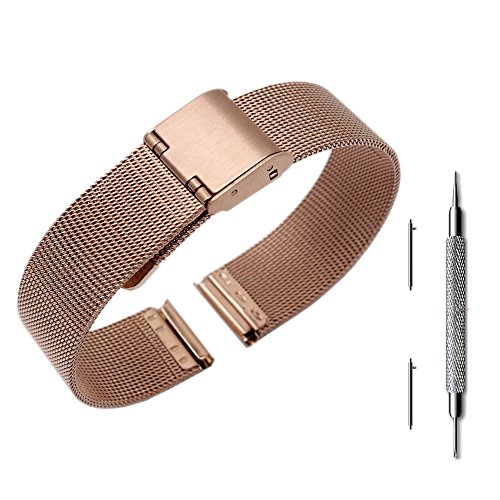 Pinhen 14mm Quick Release Watchband Mesh Stainless Steel Metal Watch Band Strap Bracelet for ASUS Zenwatch 3 / Pebble Time Round and Other Watches with 14mm Wide (Rose)