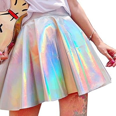 LULULADY Women's Shiny Metallic Faux Leather High Waisted Flared Skater Skirt